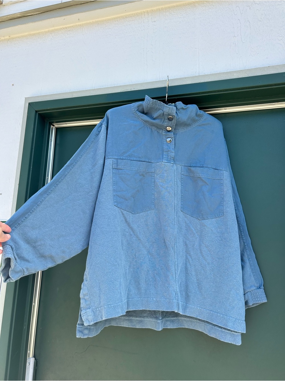 Wrap London Dusty Blue Button-Neck Tunic with Patch Pockets organic cotton